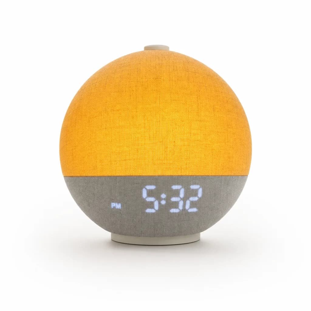Sunrise Orb Lamp with a fabric-covered globe and white digital clock display